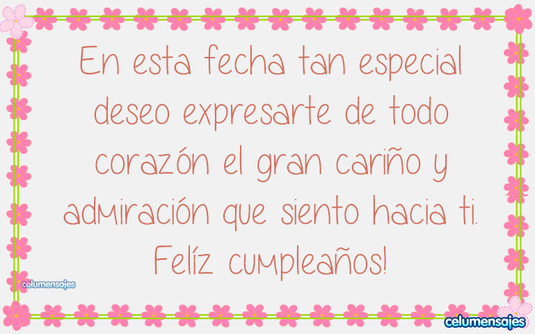 En esta fecha tan especial deseo expresarte de todo corazón el gran cariño y admiración que siento hacia ti. ¡Feliz cumpleaños!