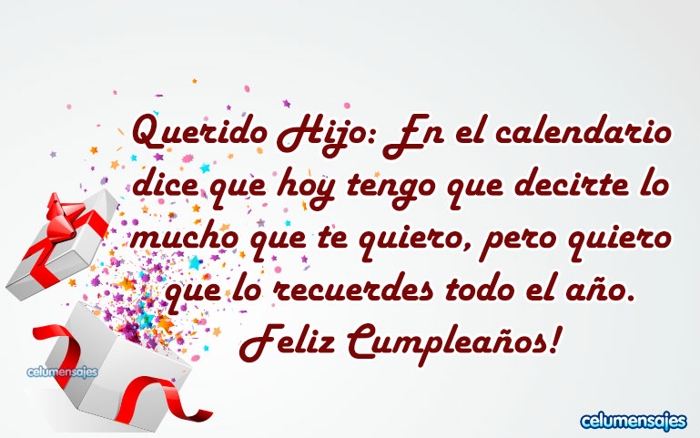 Querido Hijo: En el calendario dice que hoy tengo que decirte lo mucho que te quiero, pero quiero que lo recuerdes todo el año. Feliz Cumpleaños!